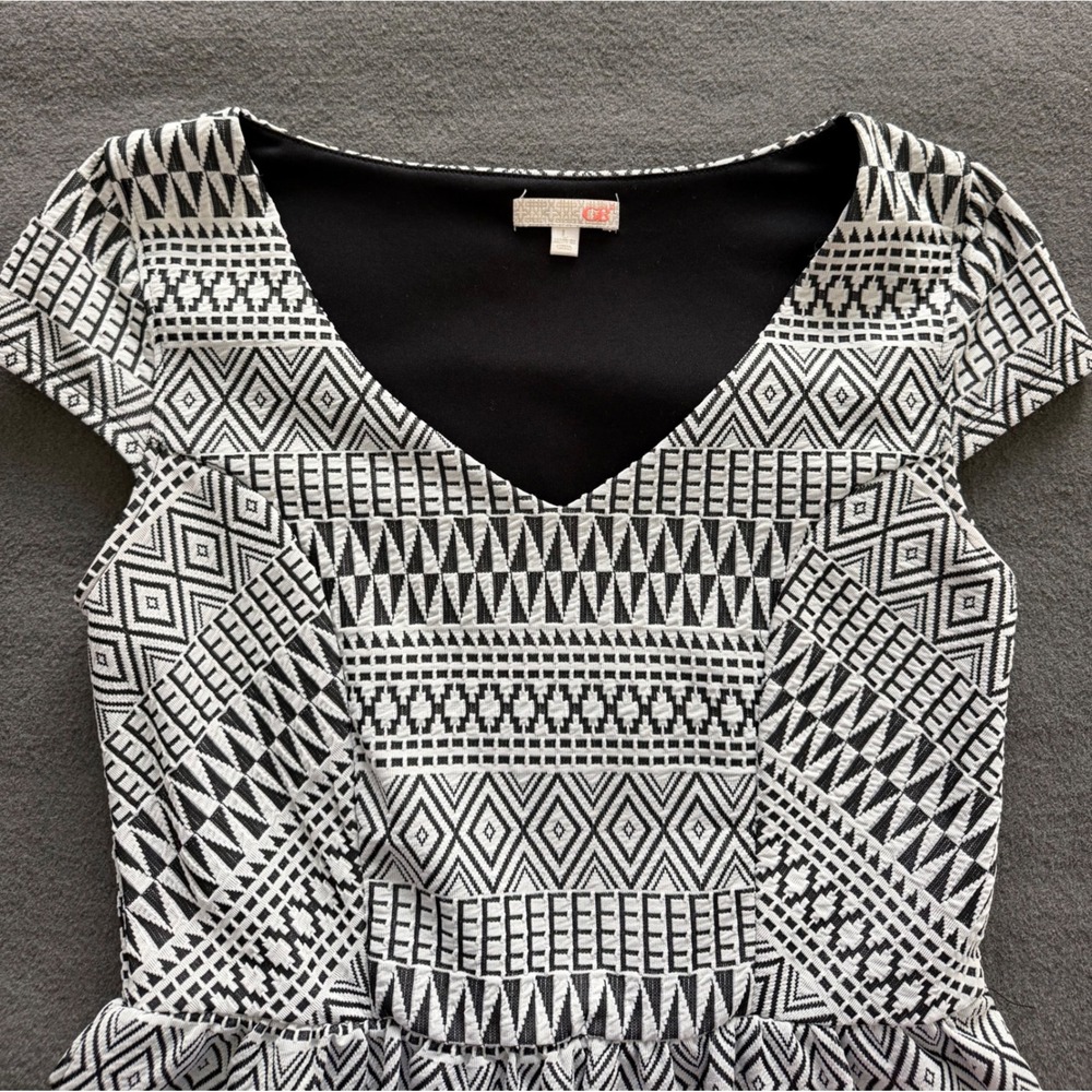 GB Gianni Bini Black/White Geometric Tribal V-Neck Fit & Flare Dress Sz L- EUC